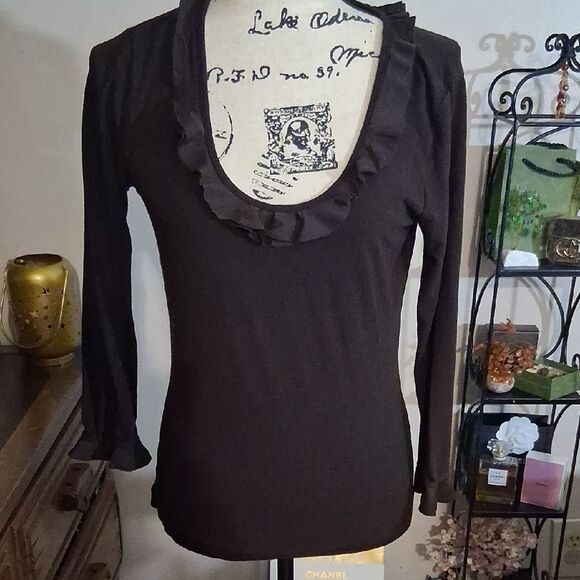 DKNY City Y2K Brown Ruffle Trim Long Sleeve Top Size Small - Picture 1 of 6